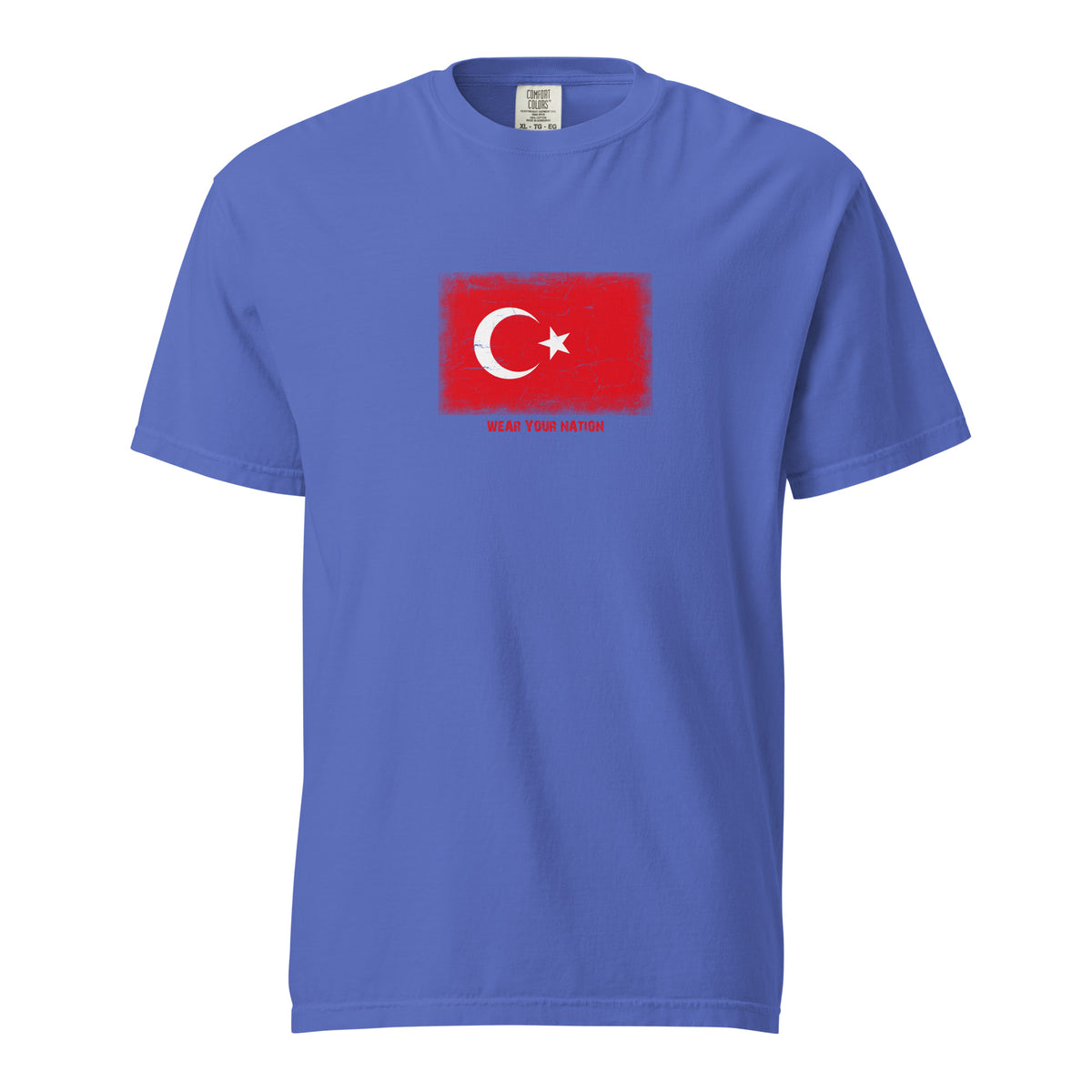 Turkey flag t-shirt in Flo Blue, vintage-washed print, large flag on the chest, unisex cut, front view