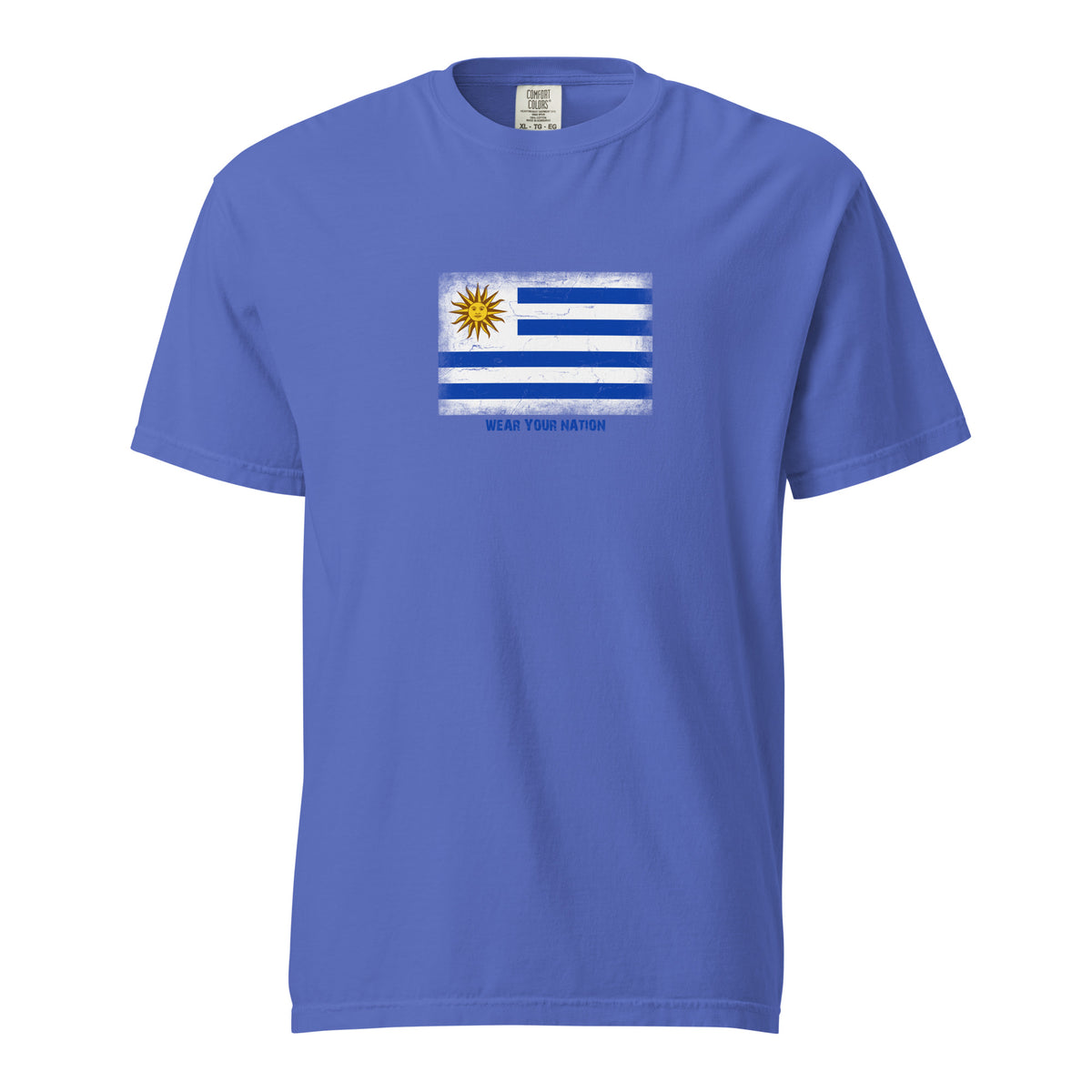 Uruguay flag t-shirt in Flo Blue, vintage-washed print, large flag on the chest, unisex cut, front view
