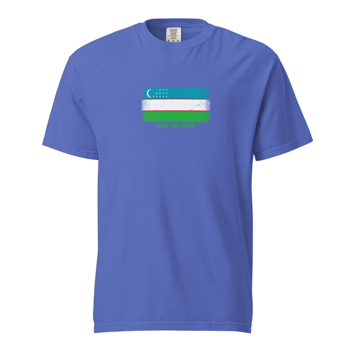 Uzbekistan flag t-shirt in Flo Blue, vintage-washed print, large flag on the chest, unisex cut, front view