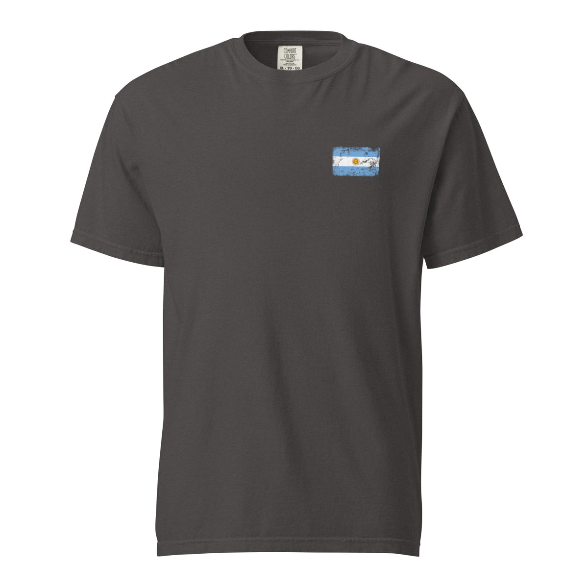 Argentina flag t-shirt in Graphite, vintage-washed print, small flag on the left chest, unisex cut, front view