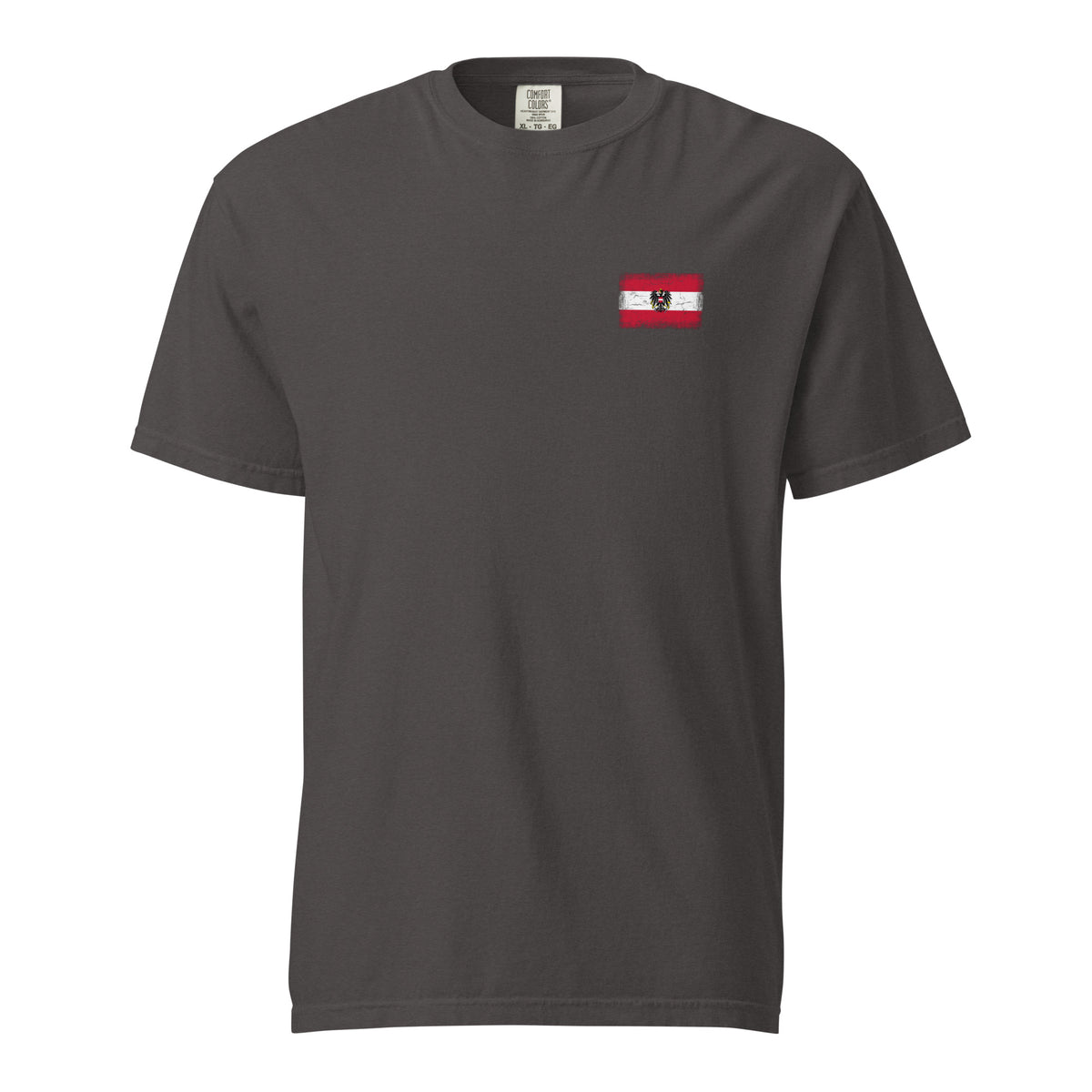 Austria flag t-shirt in Graphite, vintage-washed print, small flag on the left chest, unisex cut, front view