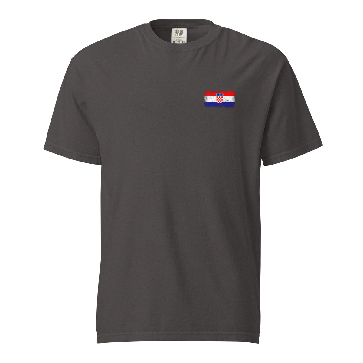 Croatia flag t-shirt in Graphite, vintage-washed print, small flag on the left chest, unisex cut, front view