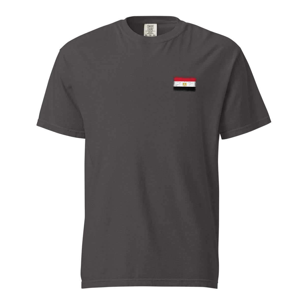 Egypt flag t-shirt in Graphite, vintage-washed print, small flag on the left chest, unisex cut, front view