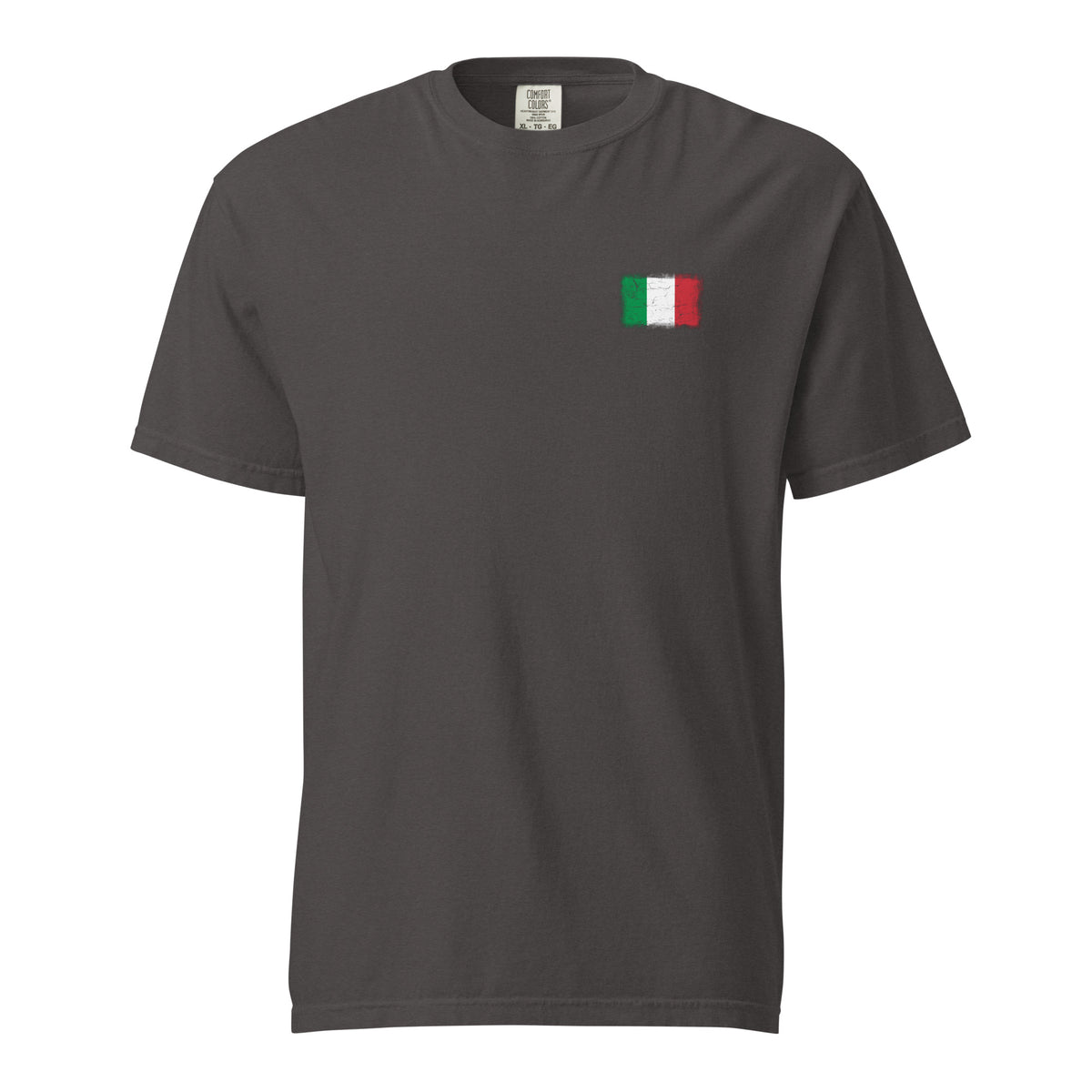Italy flag t-shirt in Graphite, vintage-washed print, small flag on the left chest, unisex cut, front view