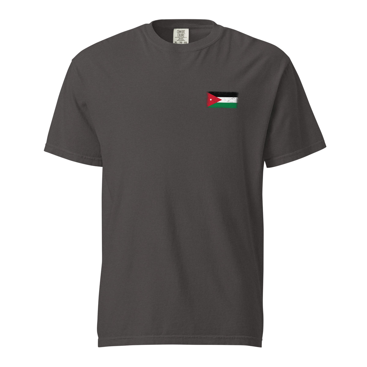 Jordan flag t-shirt in Graphite, vintage-washed print, small flag on the left chest, unisex cut, front view