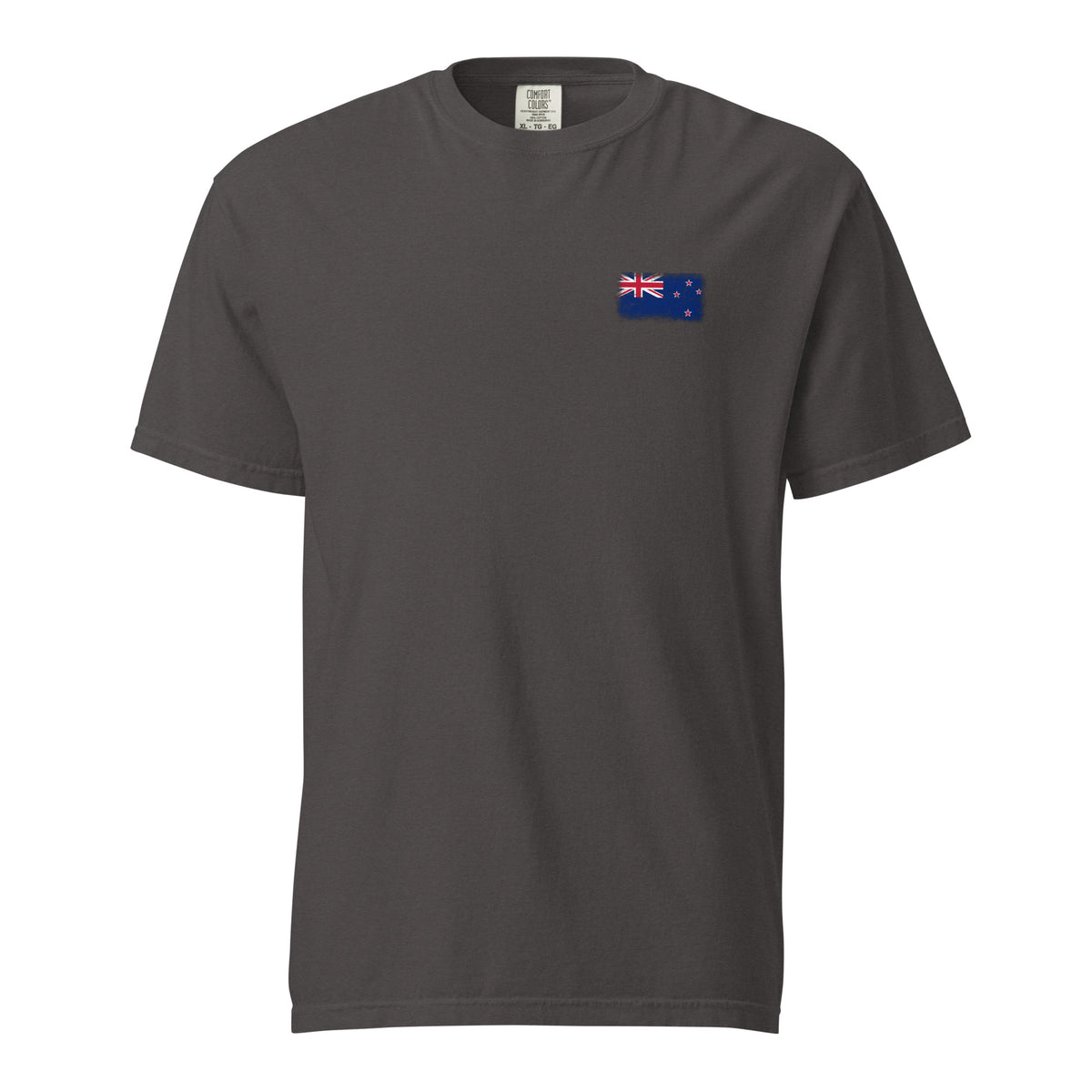 New Zealand flag t-shirt in Graphite, vintage-washed print, small flag on the left chest, unisex cut, front view