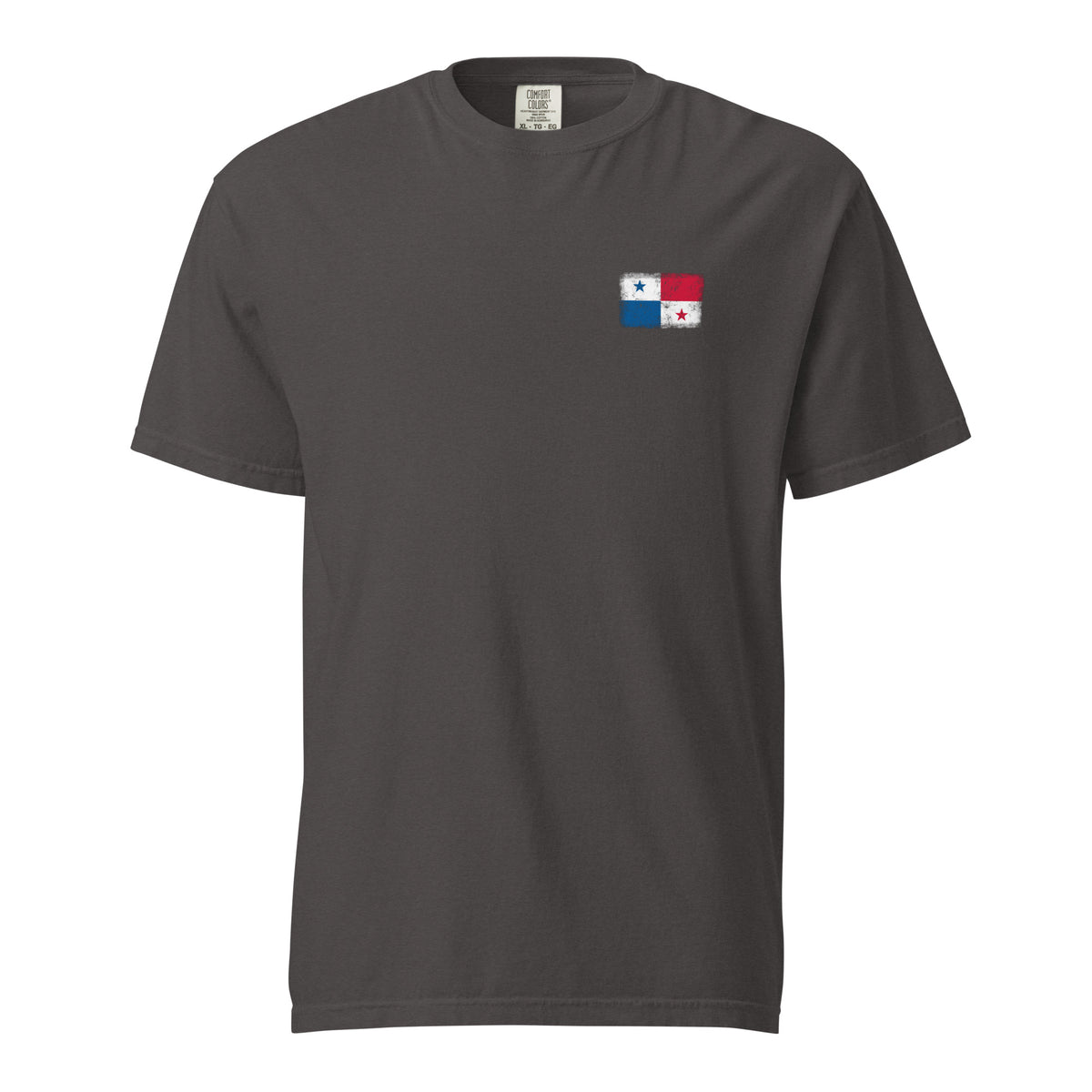 Panama flag t-shirt in Graphite, vintage-washed print, small flag on the left chest, unisex cut, front view