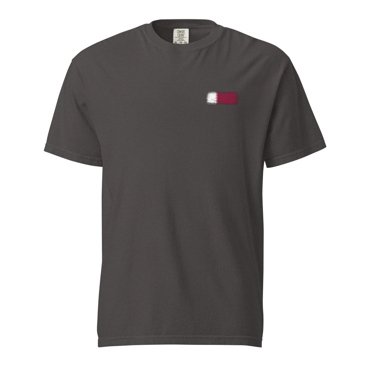 Qatar flag t-shirt in Graphite, vintage-washed print, small flag on the left chest, unisex cut, front view