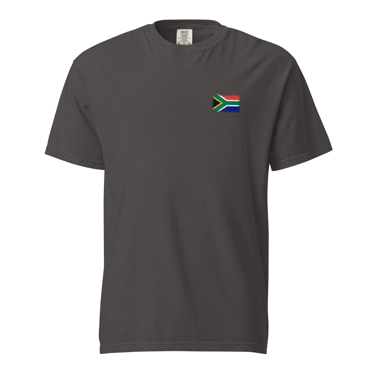 South Africa flag t-shirt in Graphite, vintage-washed print, small flag on the left chest, unisex cut, front view