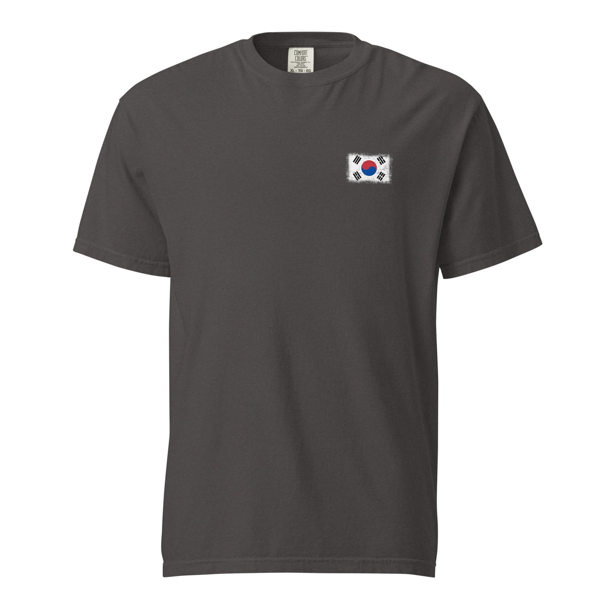 South Korea flag t-shirt in Graphite, vintage-washed print, small flag on the left chest, unisex cut, front view