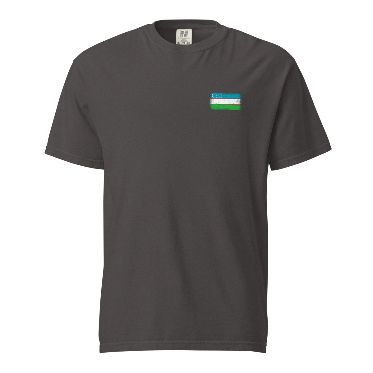 Uzbekistan flag t-shirt in Graphite, vintage-washed print, small flag on the left chest, unisex cut, front view