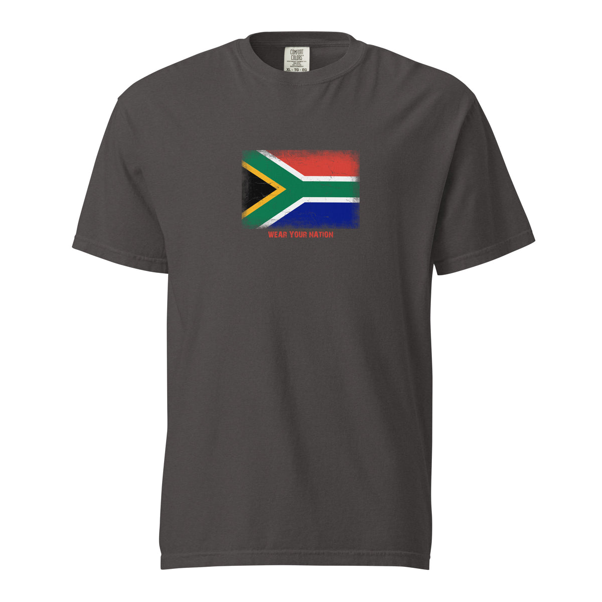 South Africa flag t-shirt in Graphite, vintage-washed print, large flag on the chest, unisex cut, front view