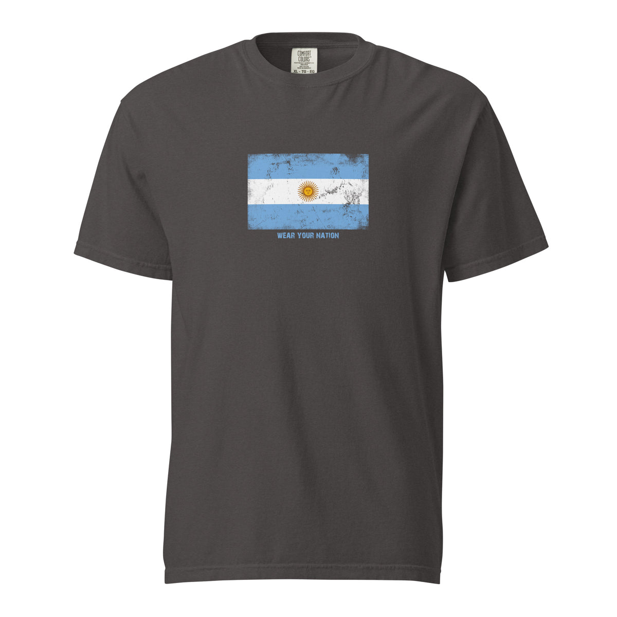Argentina flag t-shirt in Graphite, vintage-washed print, large flag on the chest, unisex cut, front view