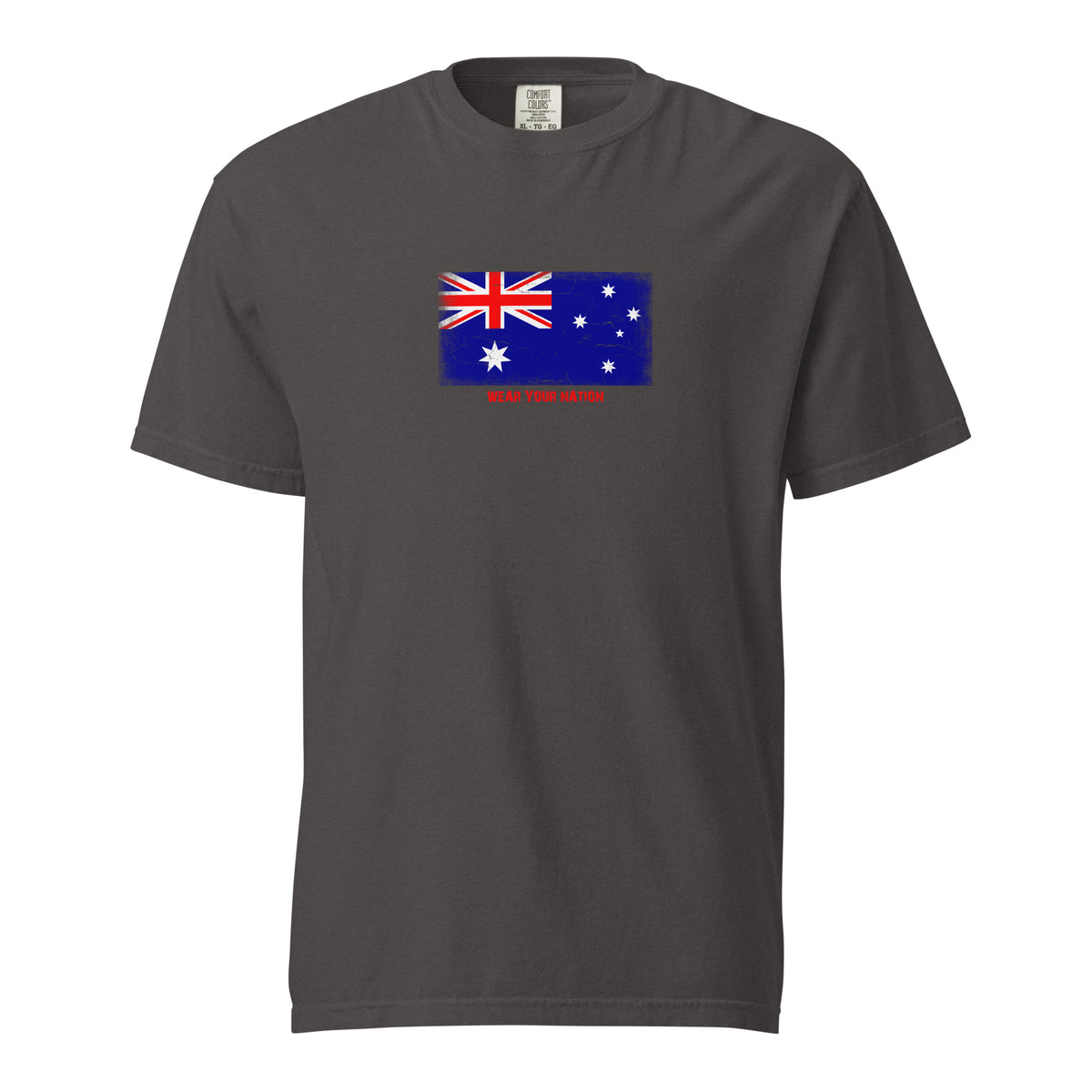 Australia flag t-shirt in Graphite, vintage-washed print, large flag on the chest, unisex cut, front view
