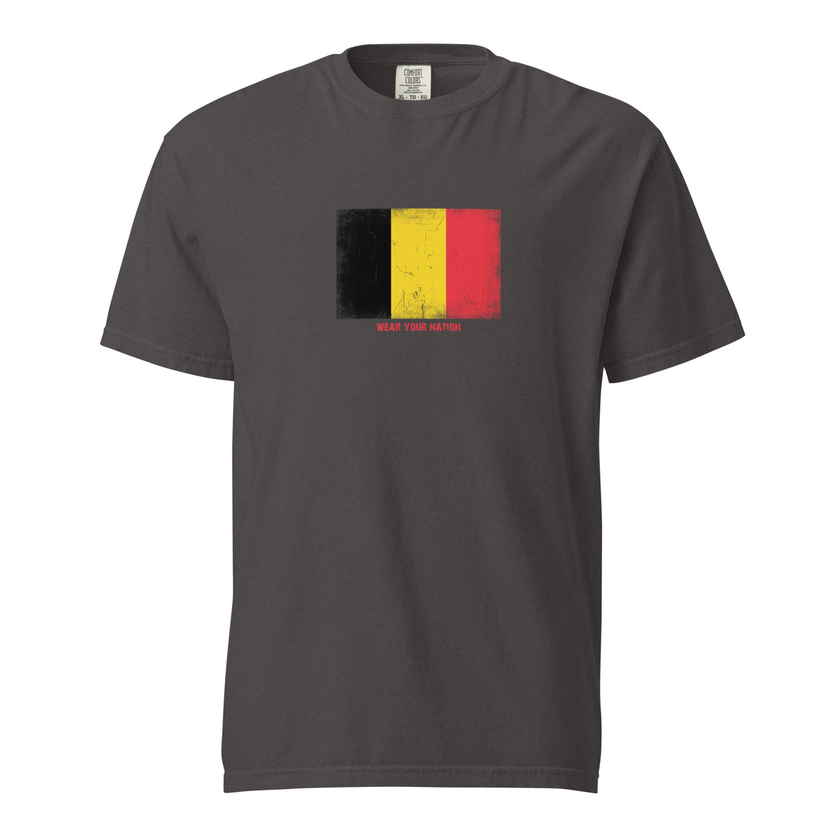 Belgium flag t-shirt in Graphite, vintage-washed print, large flag on the chest, unisex cut, front view