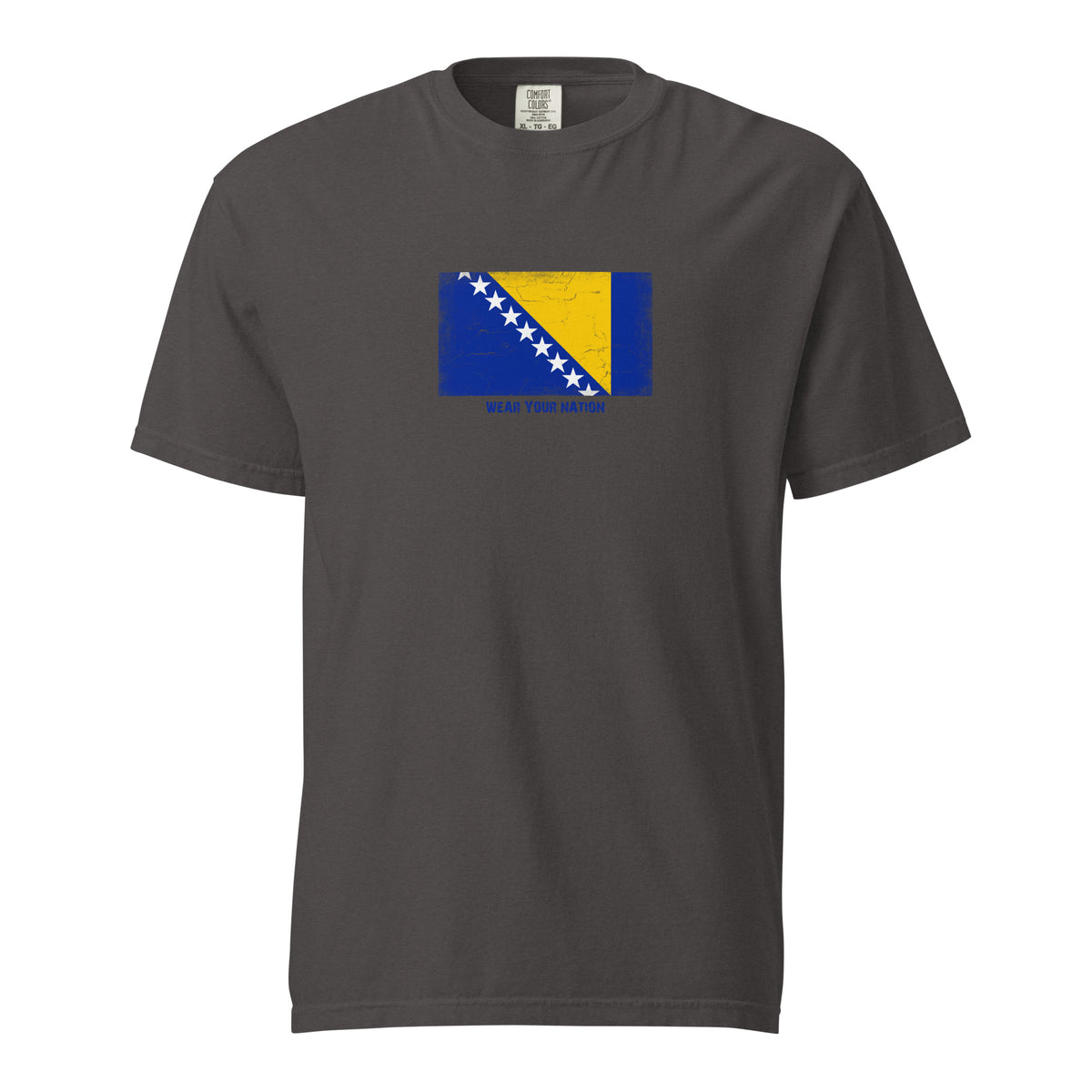 Bosnia and Herzegovina flag t-shirt in Graphite, vintage-washed print, large flag on the chest, unisex cut, front view