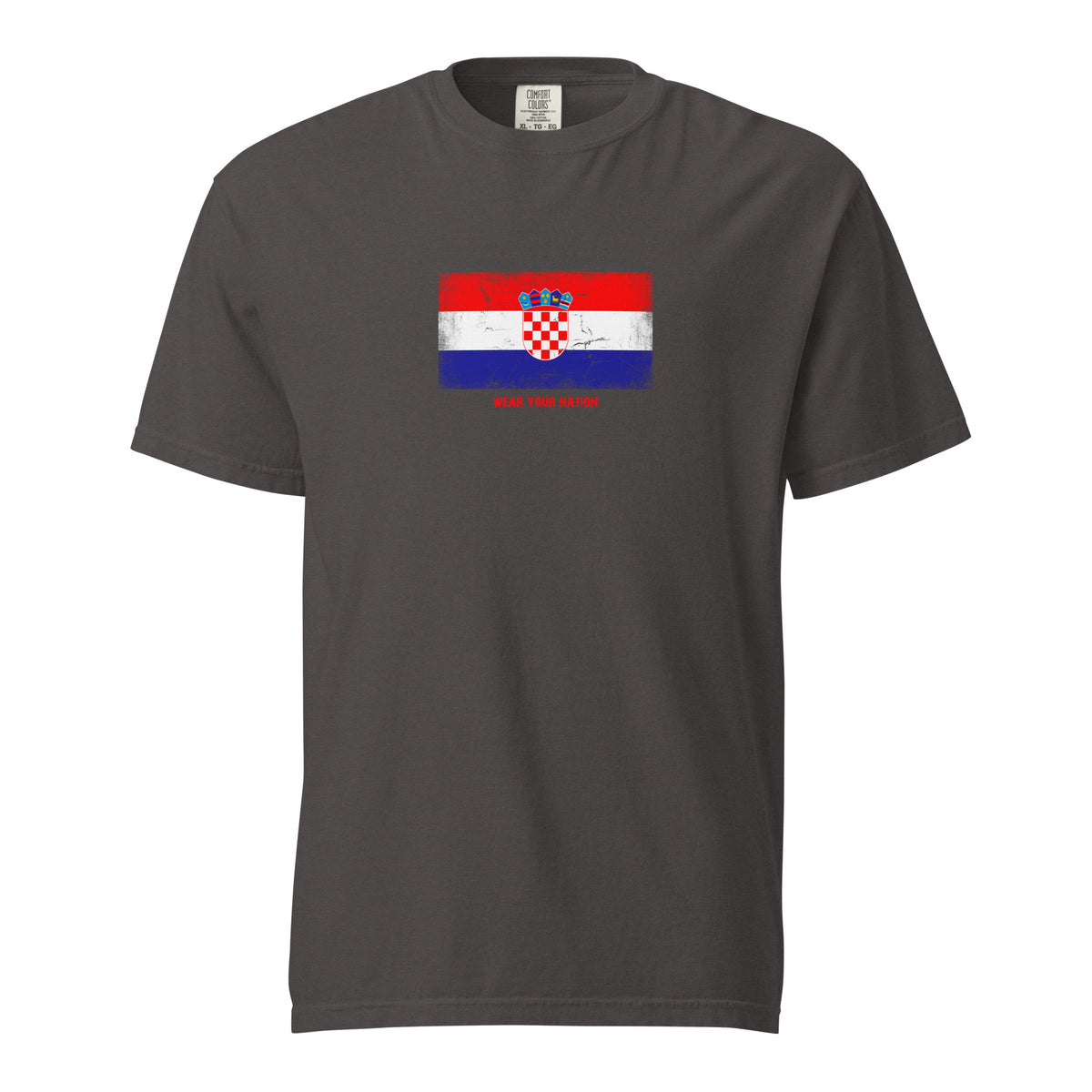 Croatia flag t-shirt in Graphite, vintage-washed print, large flag on the chest, unisex cut, front view