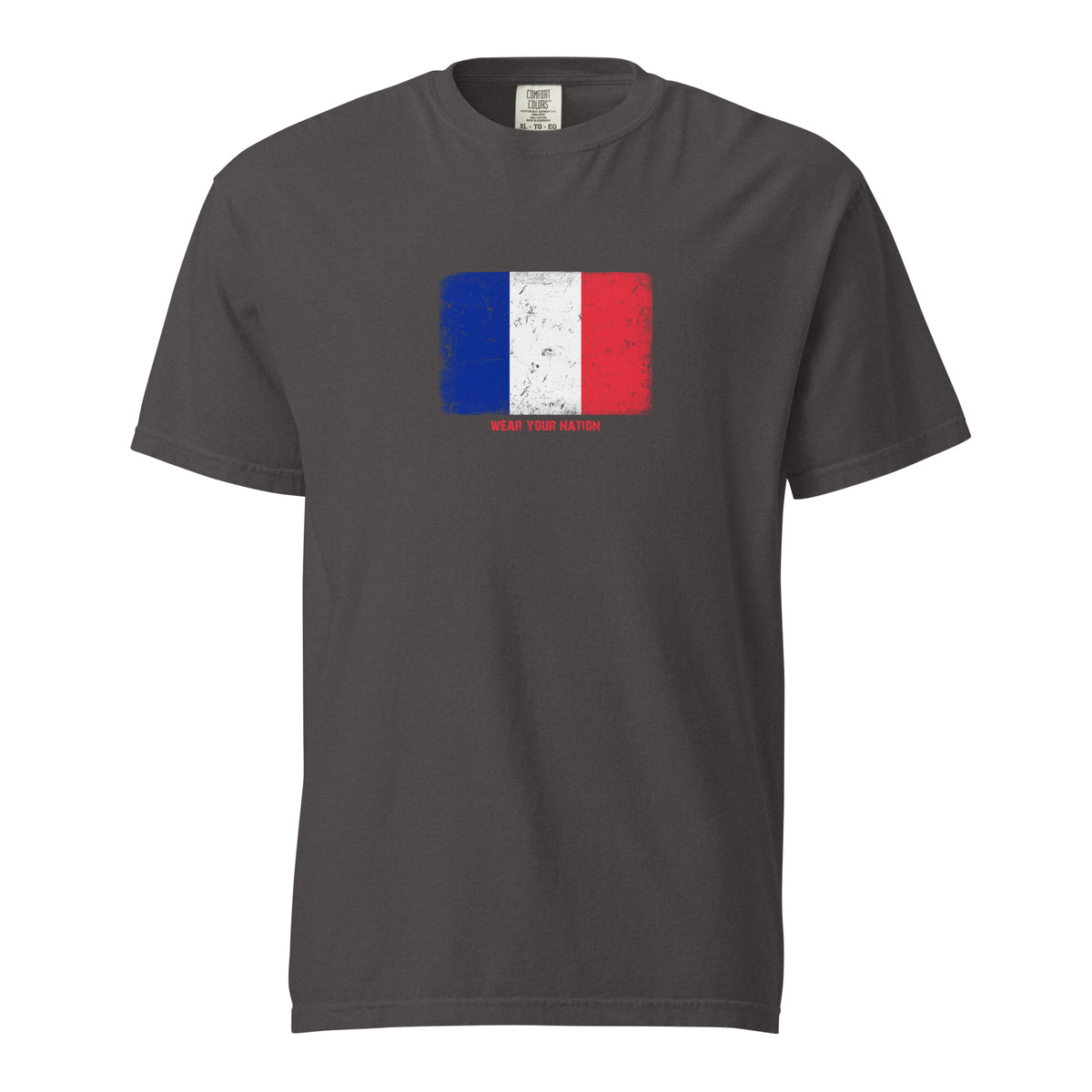 France flag t-shirt in Graphite, vintage-washed print, large flag on the chest, unisex cut, front view