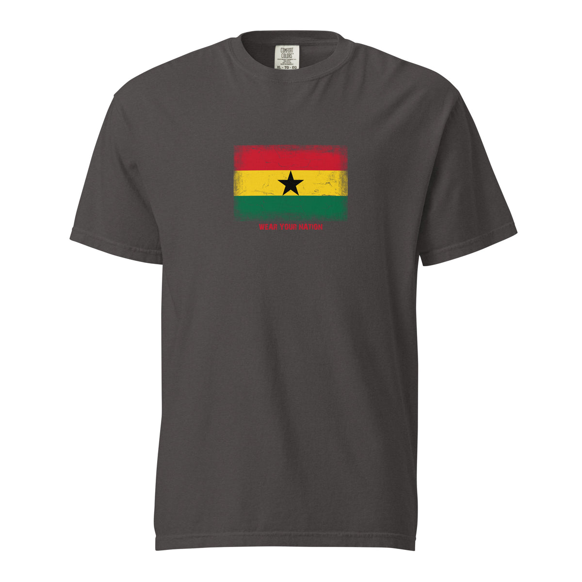 Ghana flag t-shirt in Graphite, vintage-washed print, large flag on the chest, unisex cut, front view