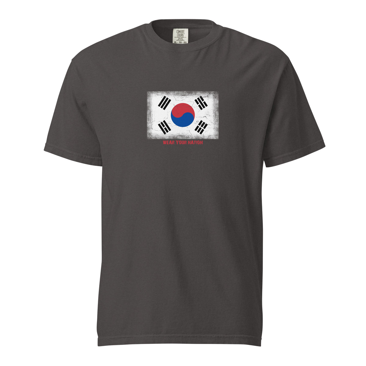 South Korea flag t-shirt in Graphite, vintage-washed print, large flag on the chest, unisex cut, front view
