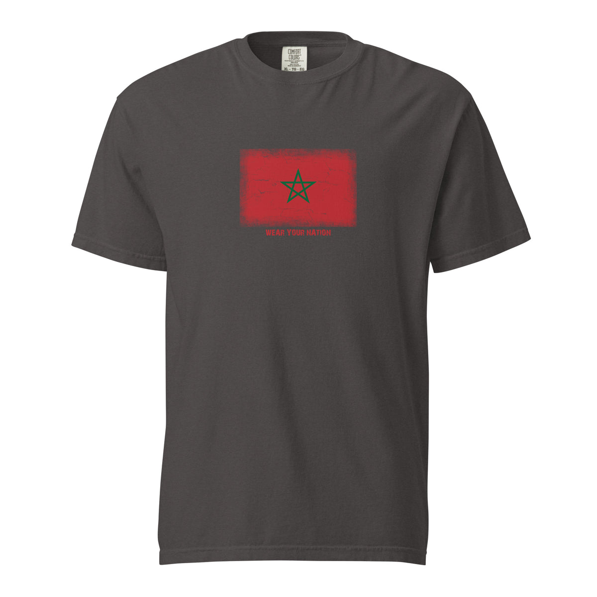 Morocco flag t-shirt in Graphite, vintage-washed print, large flag on the chest, unisex cut, front view