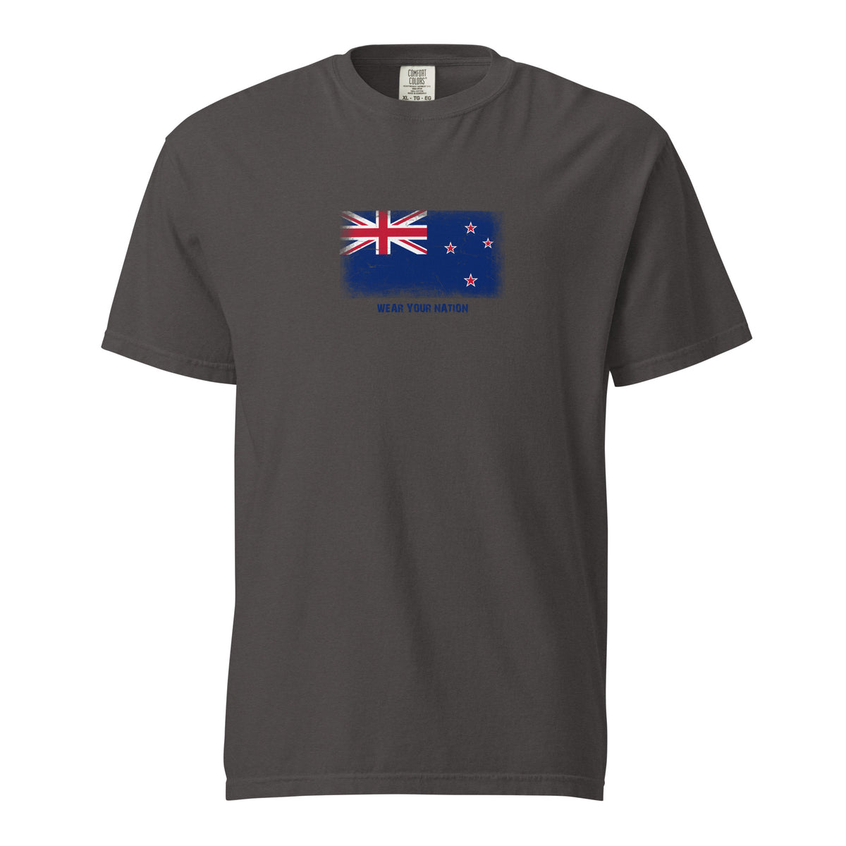 New Zealand flag t-shirt in Graphite, vintage-washed print, large flag on the chest, unisex cut, front view