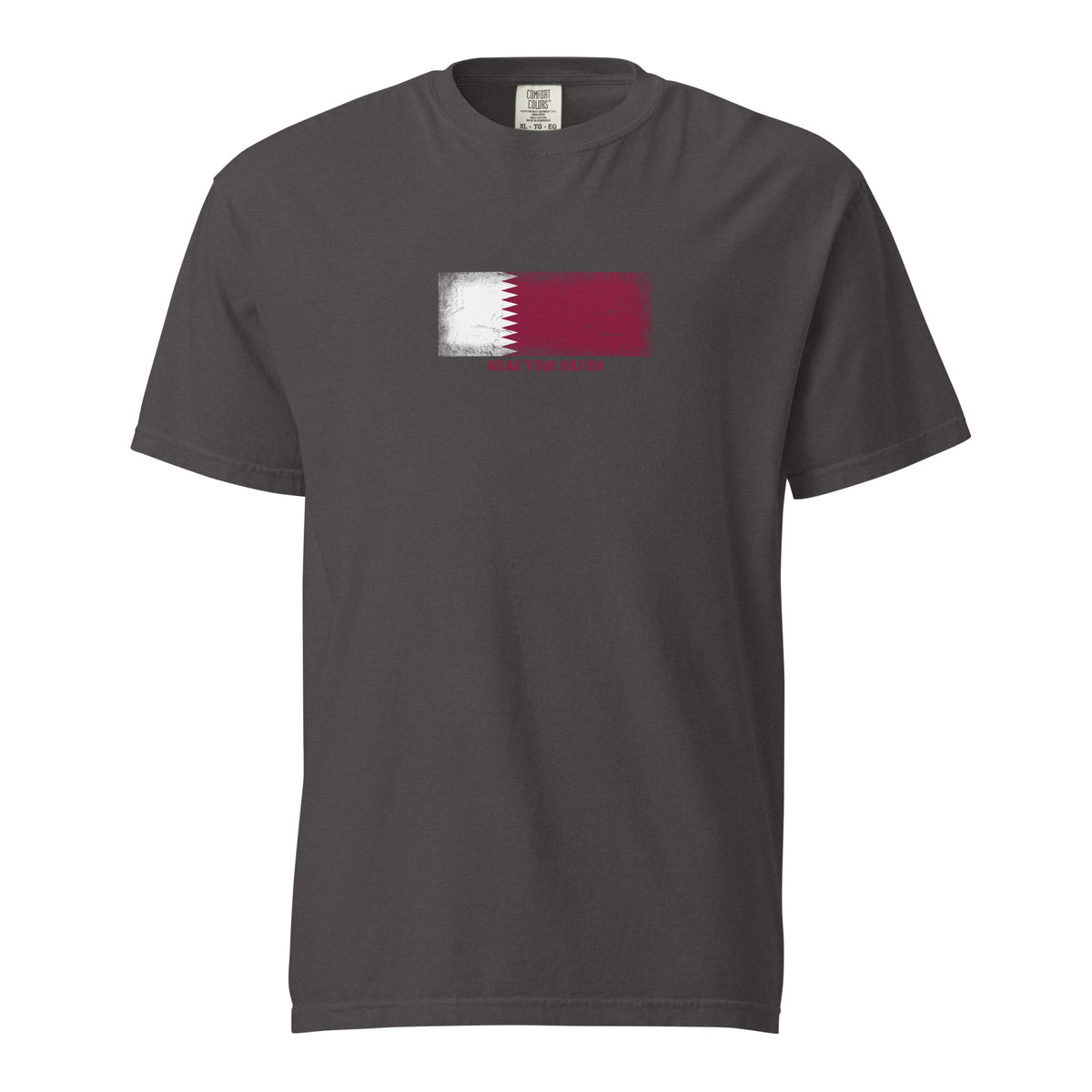 Qatar flag t-shirt in Graphite, vintage-washed print, large flag on the chest, unisex cut, front view