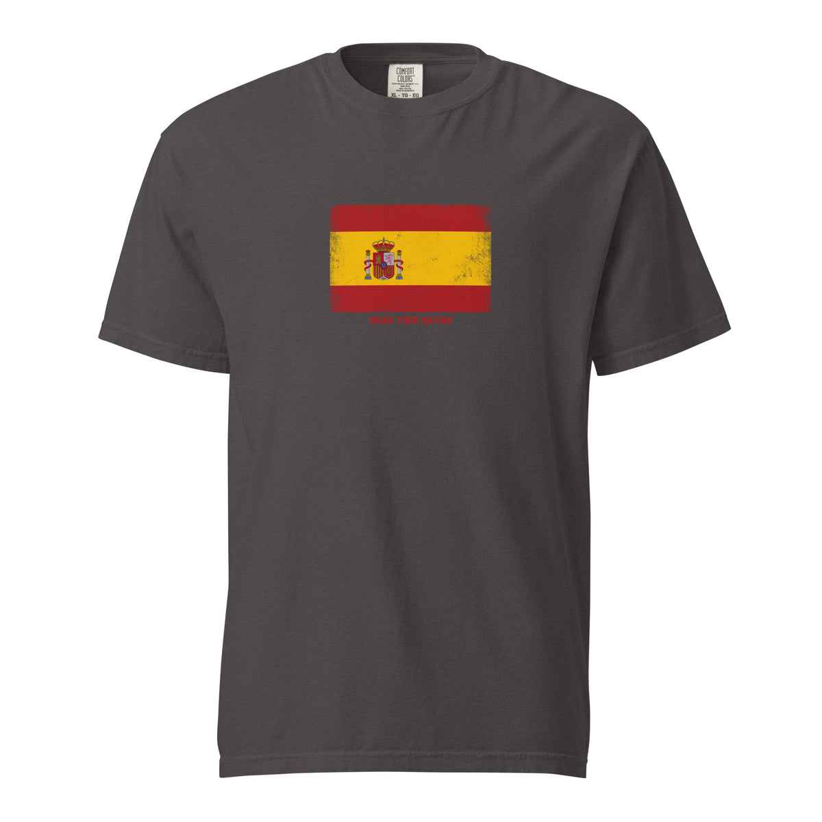 Spain flag t-shirt in Graphite, vintage-washed print, large flag on the chest, unisex cut, front view