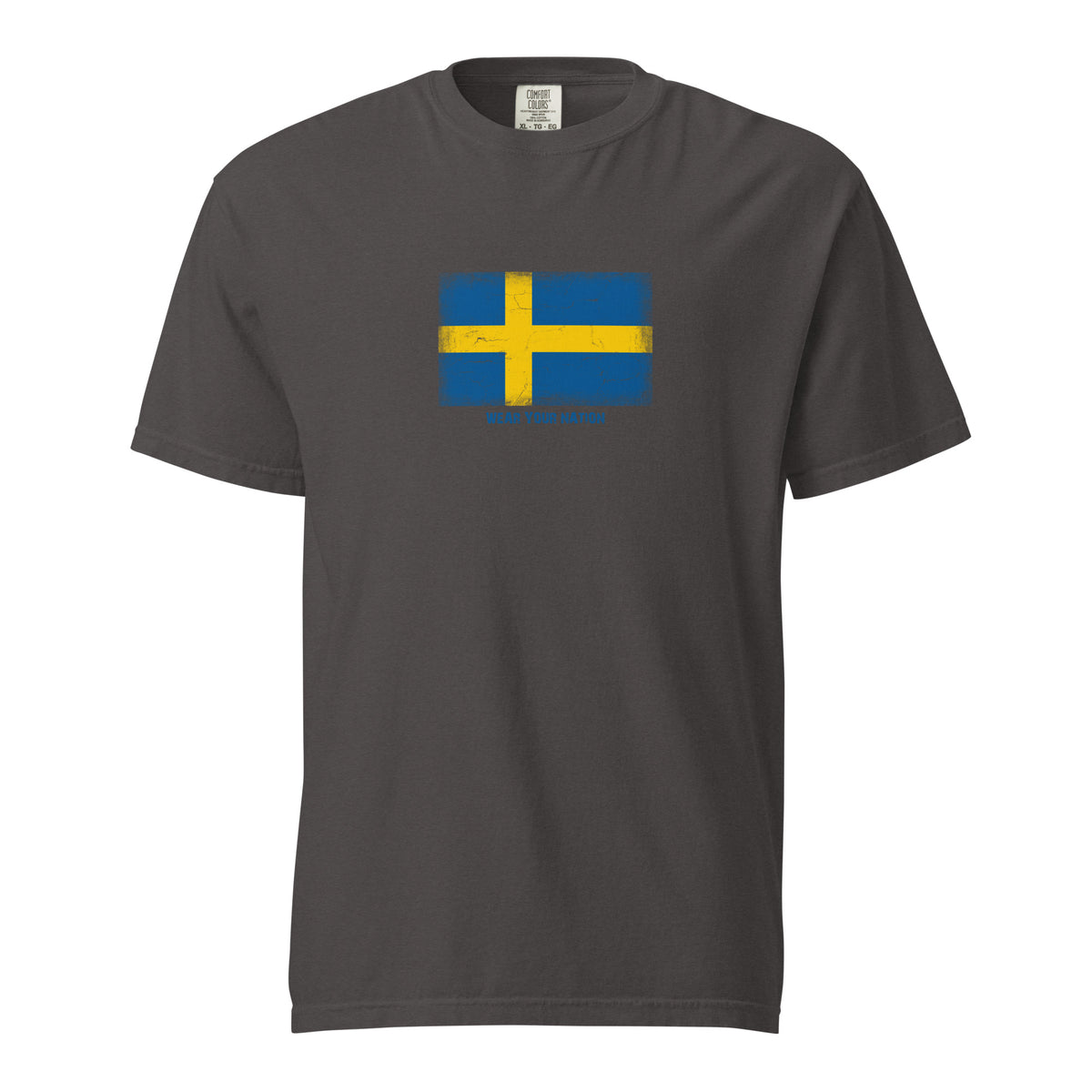 Sweden flag t-shirt in Graphite, vintage-washed print, large flag on the chest, unisex cut, front view