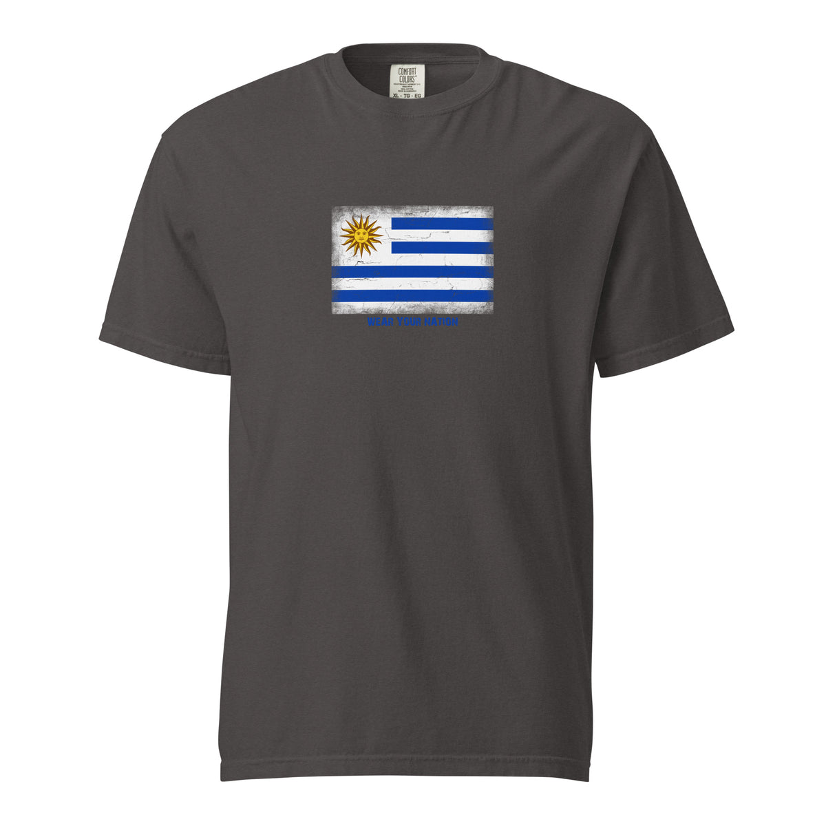 Uruguay flag t-shirt in Graphite, vintage-washed print, large flag on the chest, unisex cut, front view