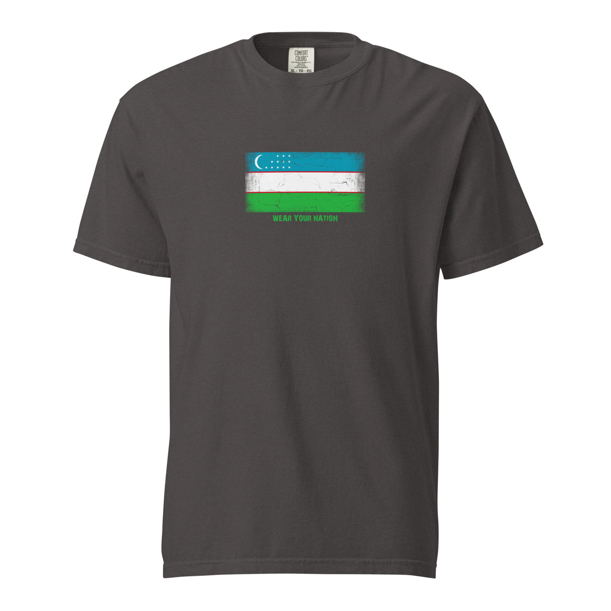 Uzbekistan flag t-shirt in Graphite, vintage-washed print, large flag on the chest, unisex cut, front view