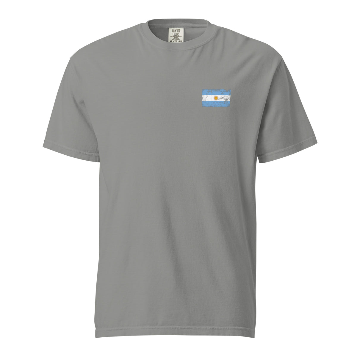 Argentina flag t-shirt in Grey, vintage-washed print, small flag on the left chest, unisex cut, front view