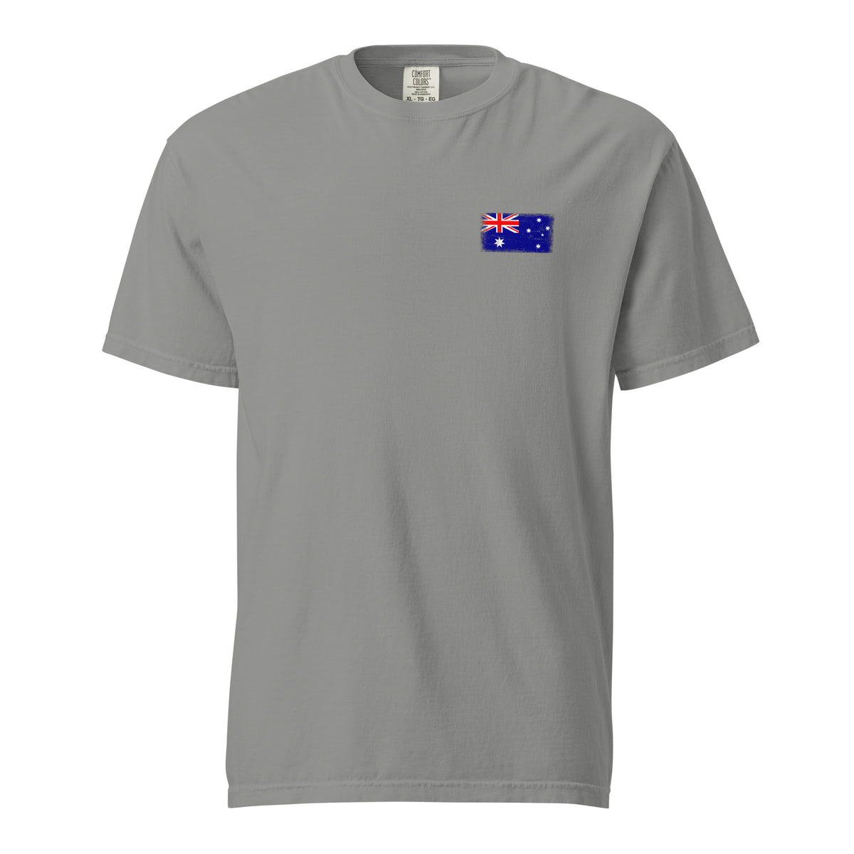 Australia flag t-shirt in Grey, vintage-washed print, small flag on the left chest, unisex cut, front view