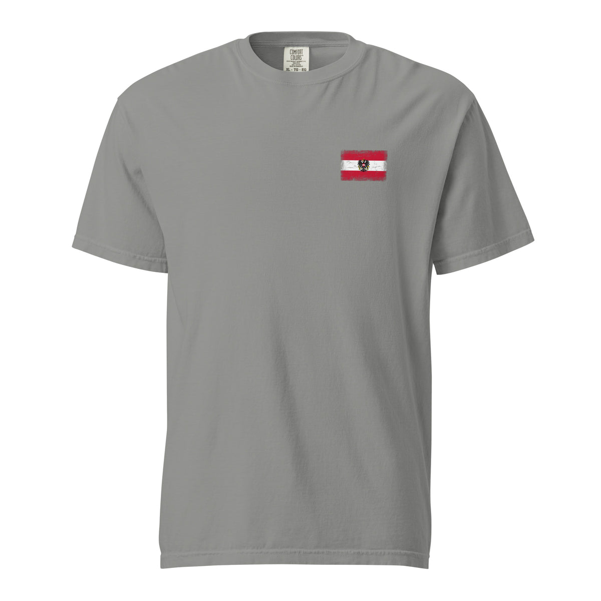Austria flag t-shirt in Grey, vintage-washed print, small flag on the left chest, unisex cut, front view