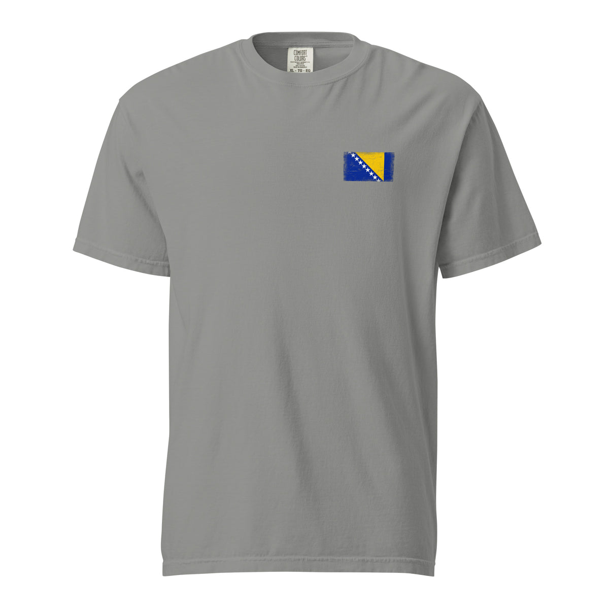 Bosnia and Herzegovina flag t-shirt in Grey, vintage-washed print, small flag on the left chest, unisex cut, front view