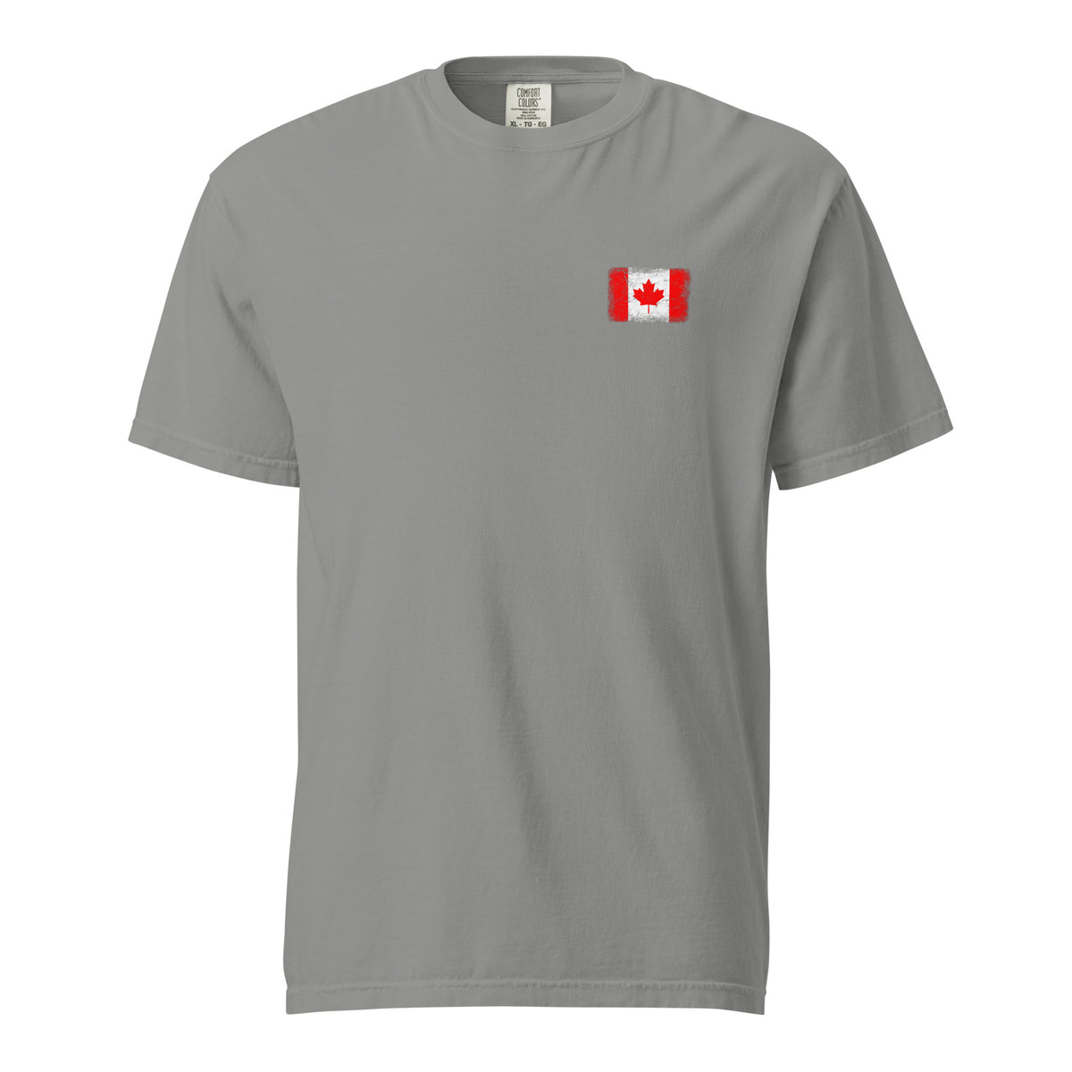 Canada flag t-shirt in Grey, vintage-washed print, small flag on the left chest, unisex cut, front view