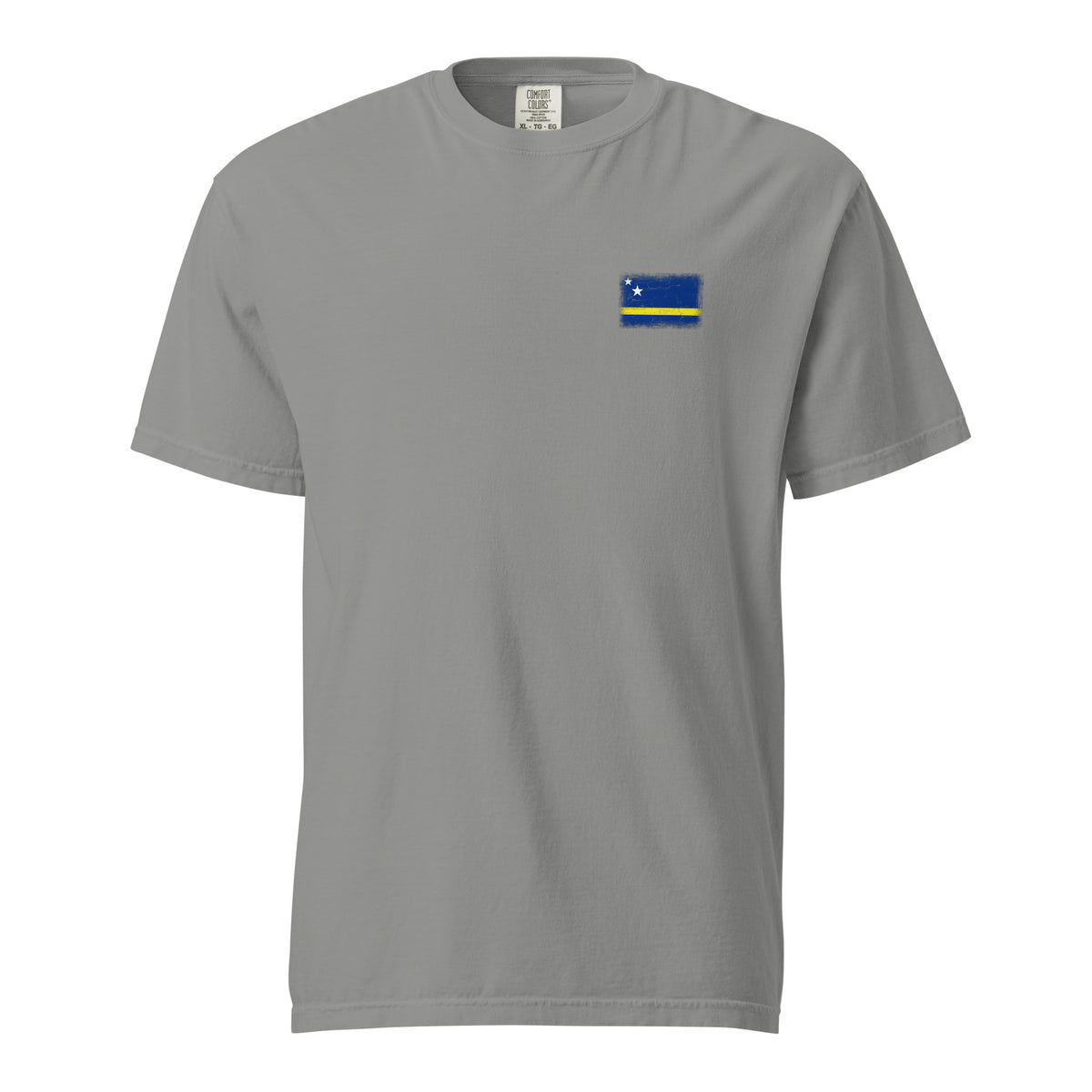 Curaçao flag t-shirt in Grey, vintage-washed print, small flag on the left chest, unisex cut, front view