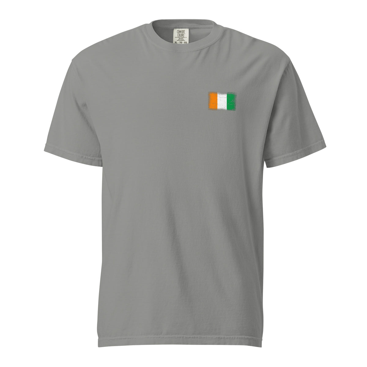 Côte d'Ivoire flag t-shirt in Grey, vintage-washed print, small flag on the left chest, unisex cut, front view