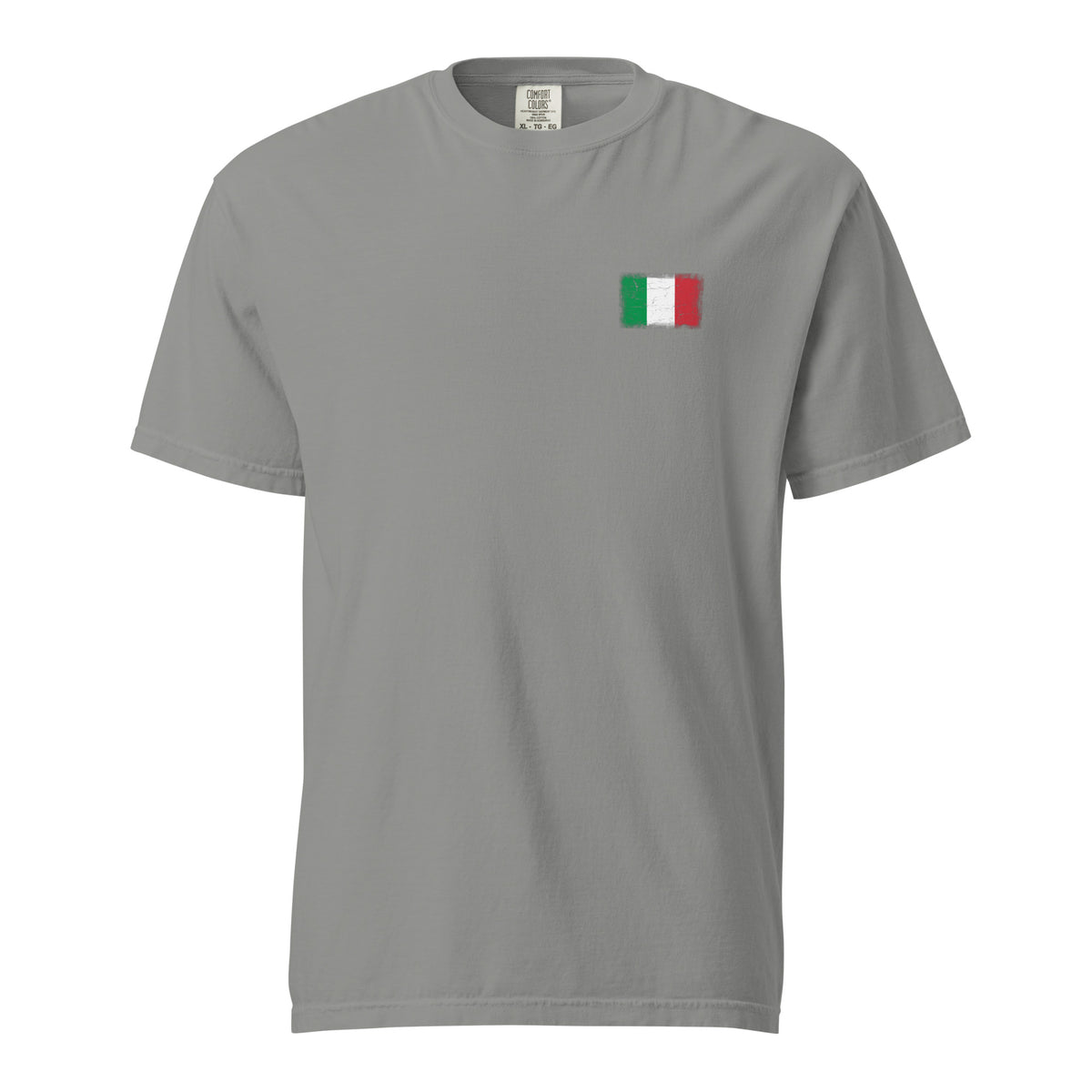 Italy flag t-shirt in Grey, vintage-washed print, small flag on the left chest, unisex cut, front view