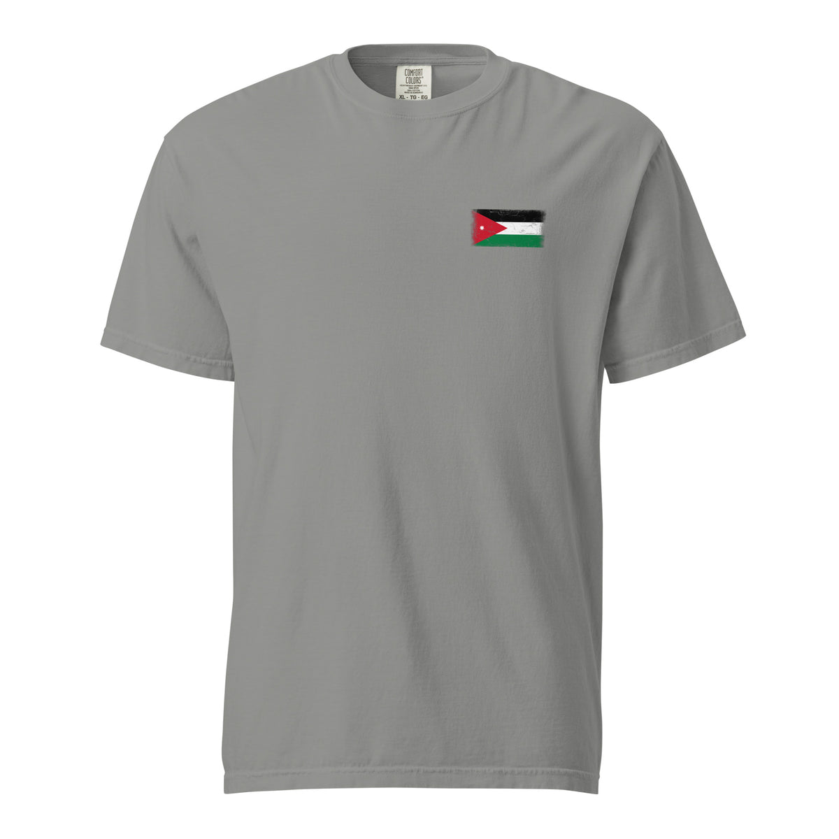 Jordan flag t-shirt in Grey, vintage-washed print, small flag on the left chest, unisex cut, front view