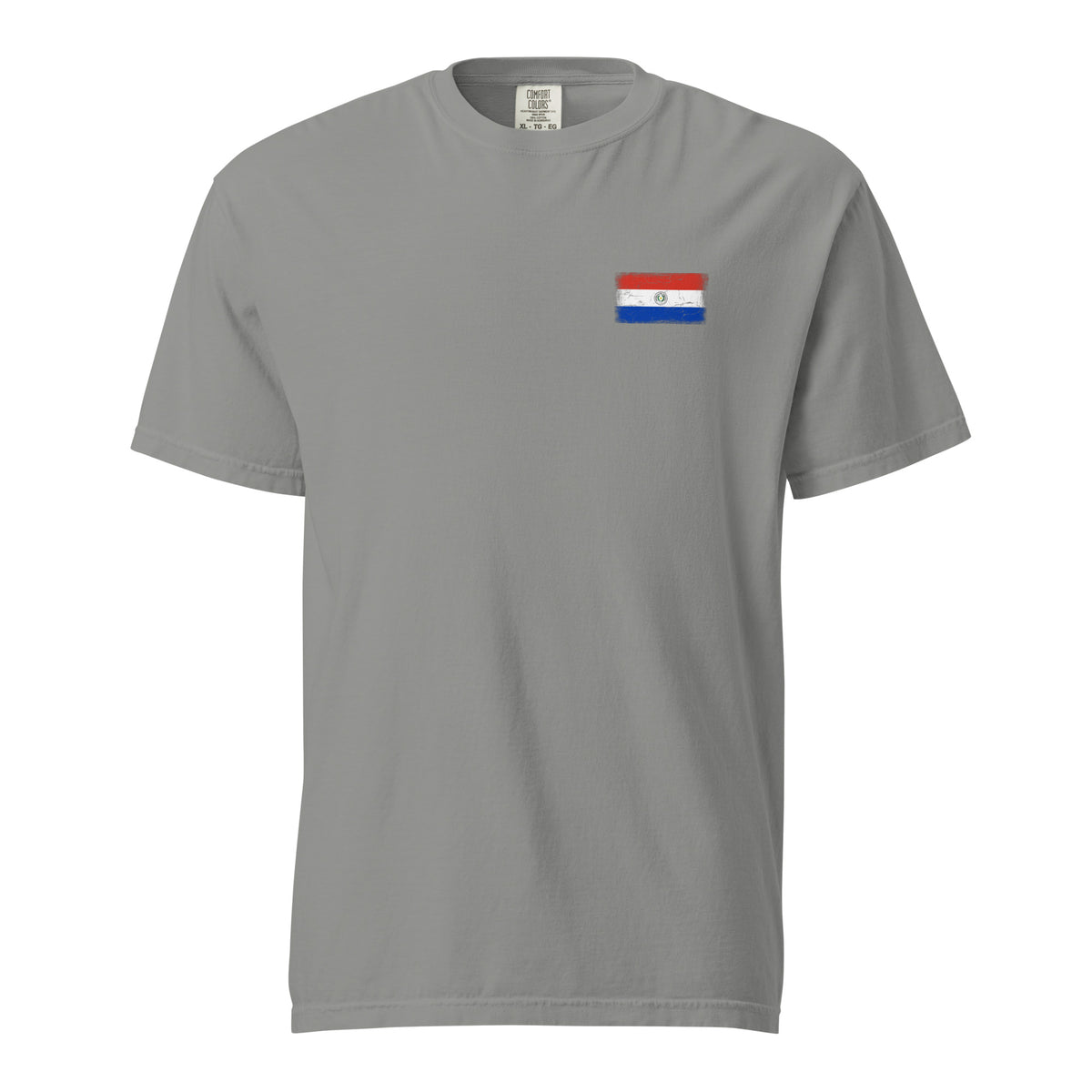 Paraguay flag t-shirt in Grey, vintage-washed print, small flag on the left chest, unisex cut, front view