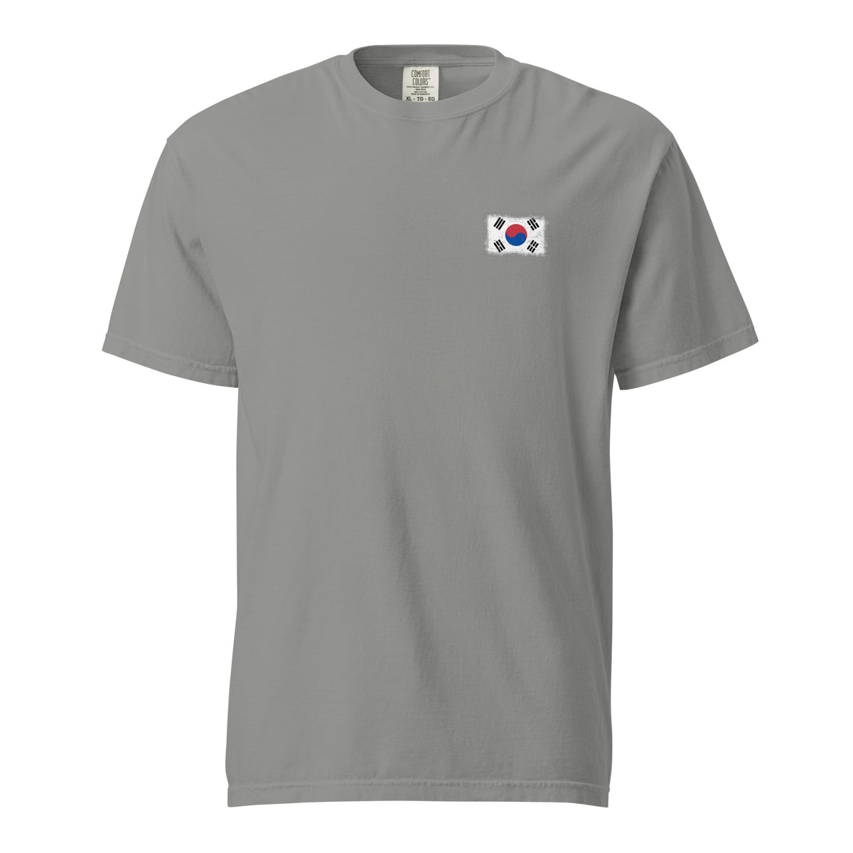 South Korea flag t-shirt in Grey, vintage-washed print, small flag on the left chest, unisex cut, front view