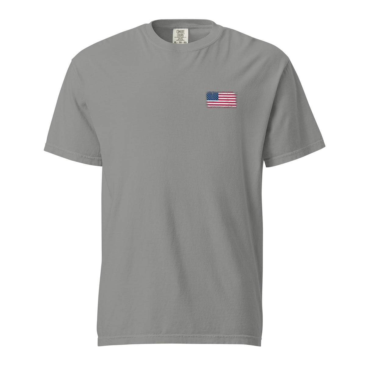 USA flag t-shirt in Grey, vintage-washed print, small flag on the left chest, unisex cut, front view