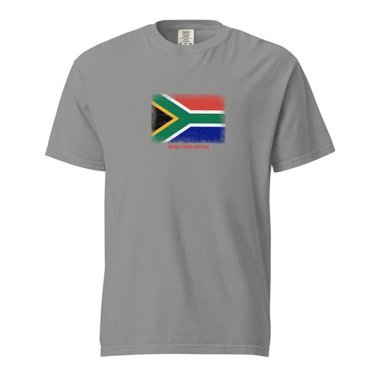 South Africa flag t-shirt in Grey, vintage-washed print, large flag on the chest, unisex cut, front view