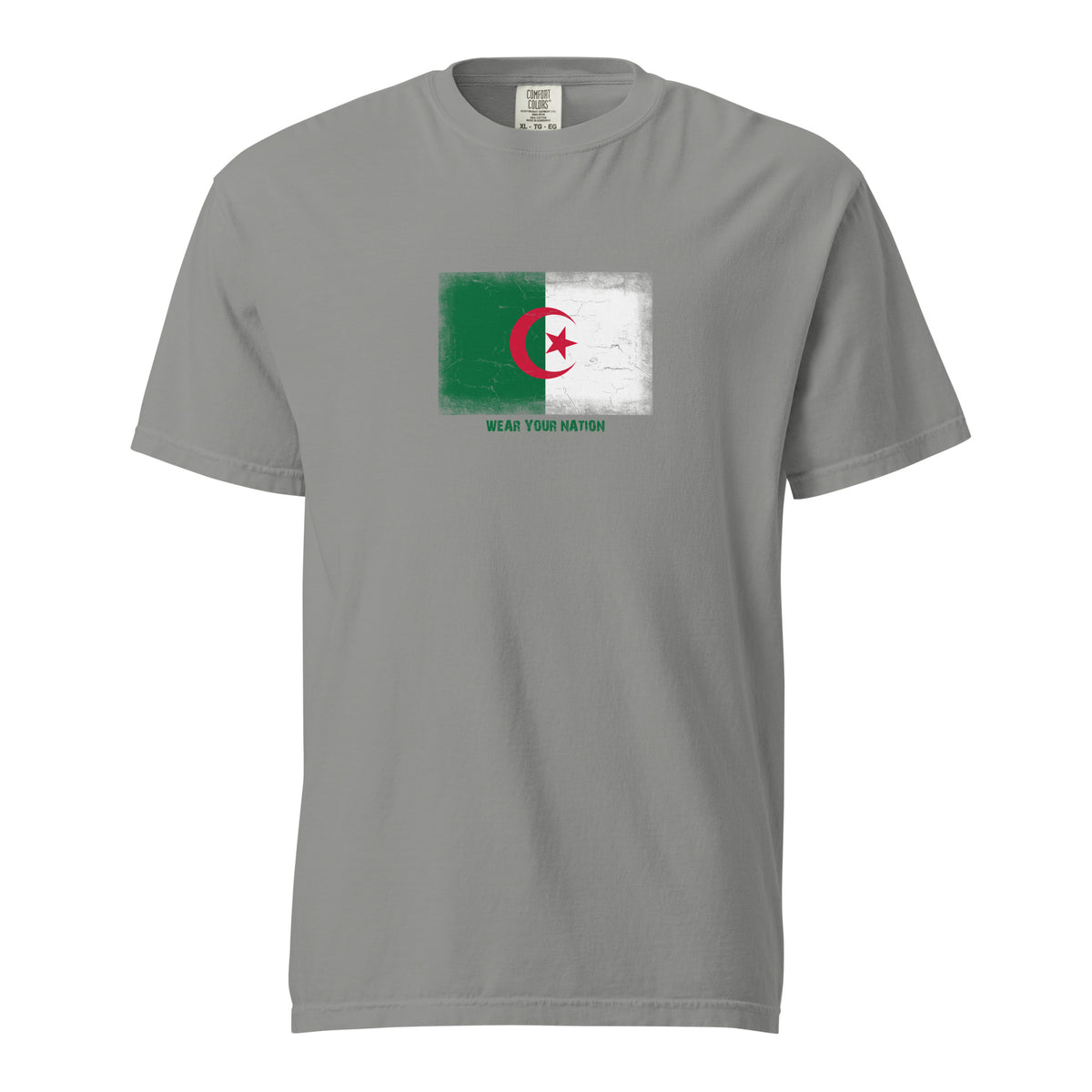Algeria flag t-shirt in Grey, vintage-washed print, large flag on the chest, unisex cut, front view