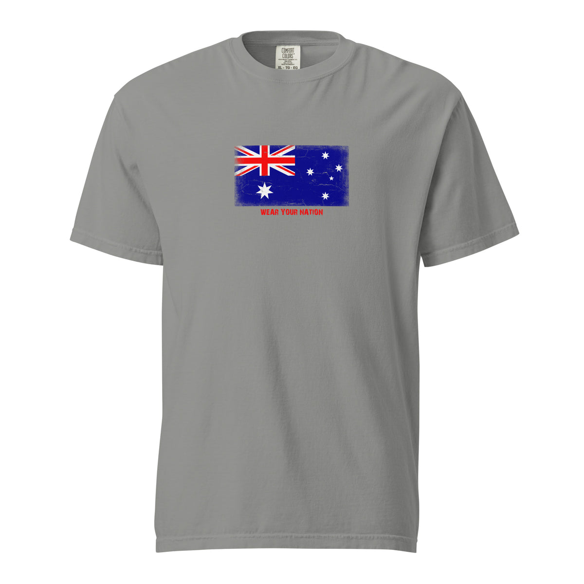 Australia flag t-shirt in Grey, vintage-washed print, large flag on the chest, unisex cut, front view
