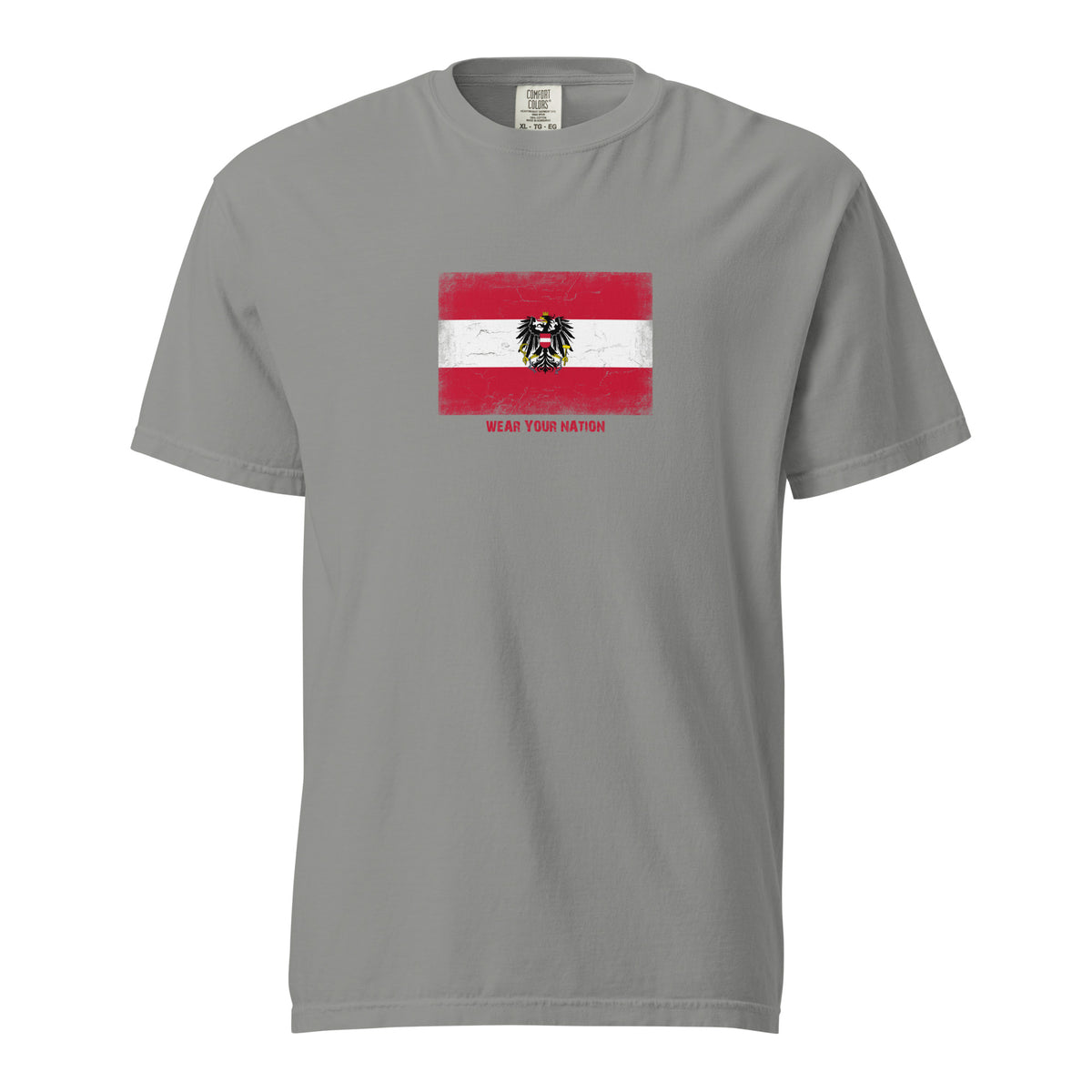 Austria flag t-shirt in Grey, vintage-washed print, large flag on the chest, unisex cut, front view