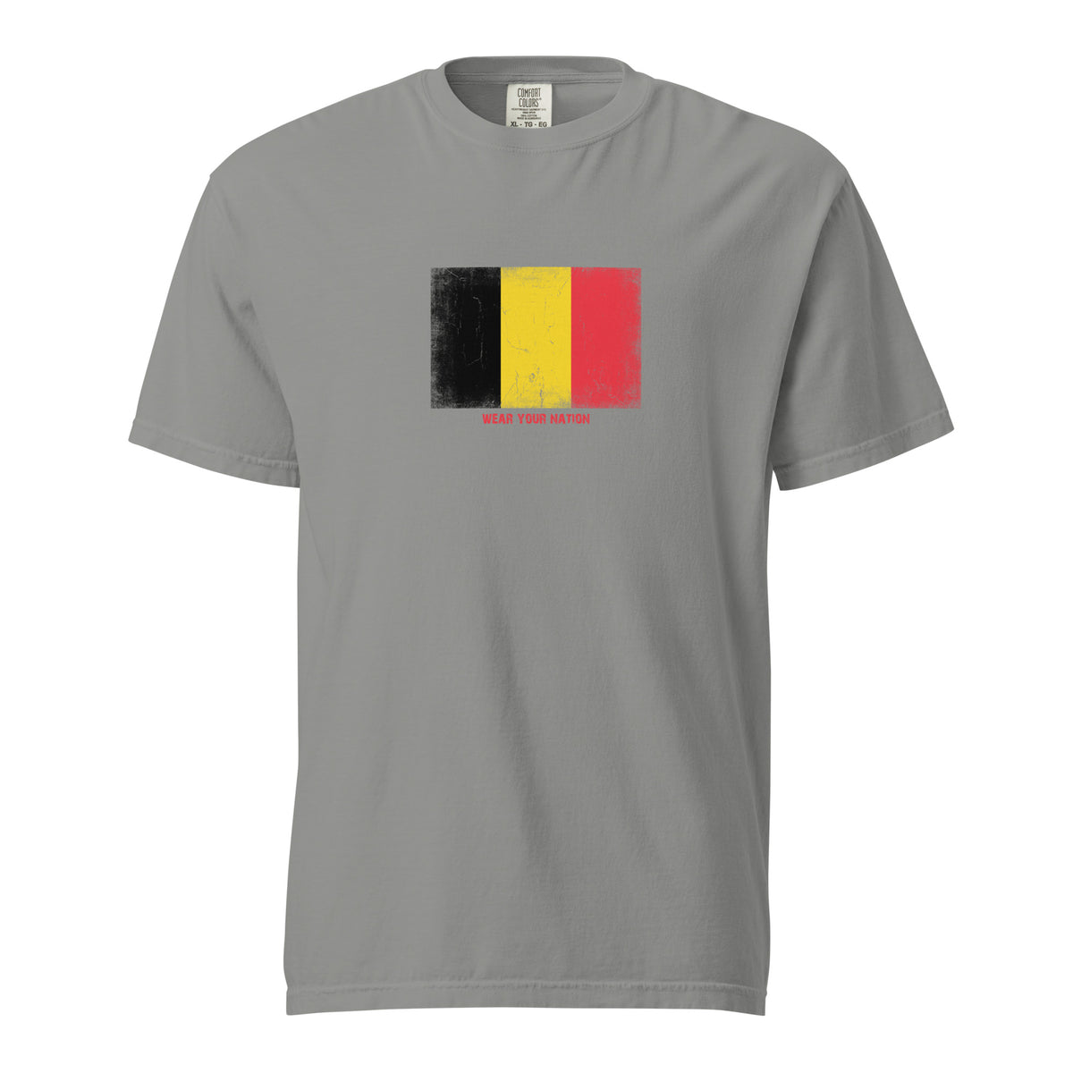 Belgium flag t-shirt in Grey, vintage-washed print, large flag on the chest, unisex cut, front view