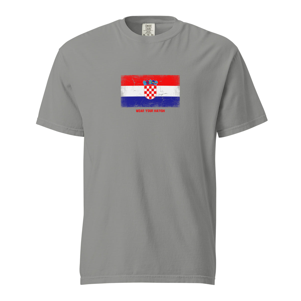 Croatia flag t-shirt in Grey, vintage-washed print, large flag on the chest, unisex cut, front view