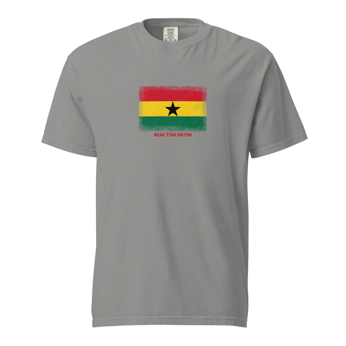 Ghana flag t-shirt in Grey, vintage-washed print, large flag on the chest, unisex cut, front view